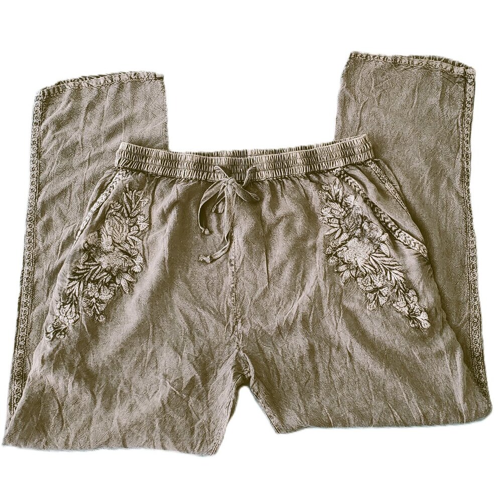 Solitaire Gray Boho Embroidered Pants with Pockets! Large